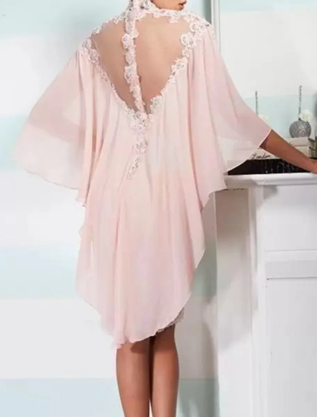 Blushing Pink Lace Sheath/column Tea-Length Evening Dress with Illusion High Neck and Chiffon Cape