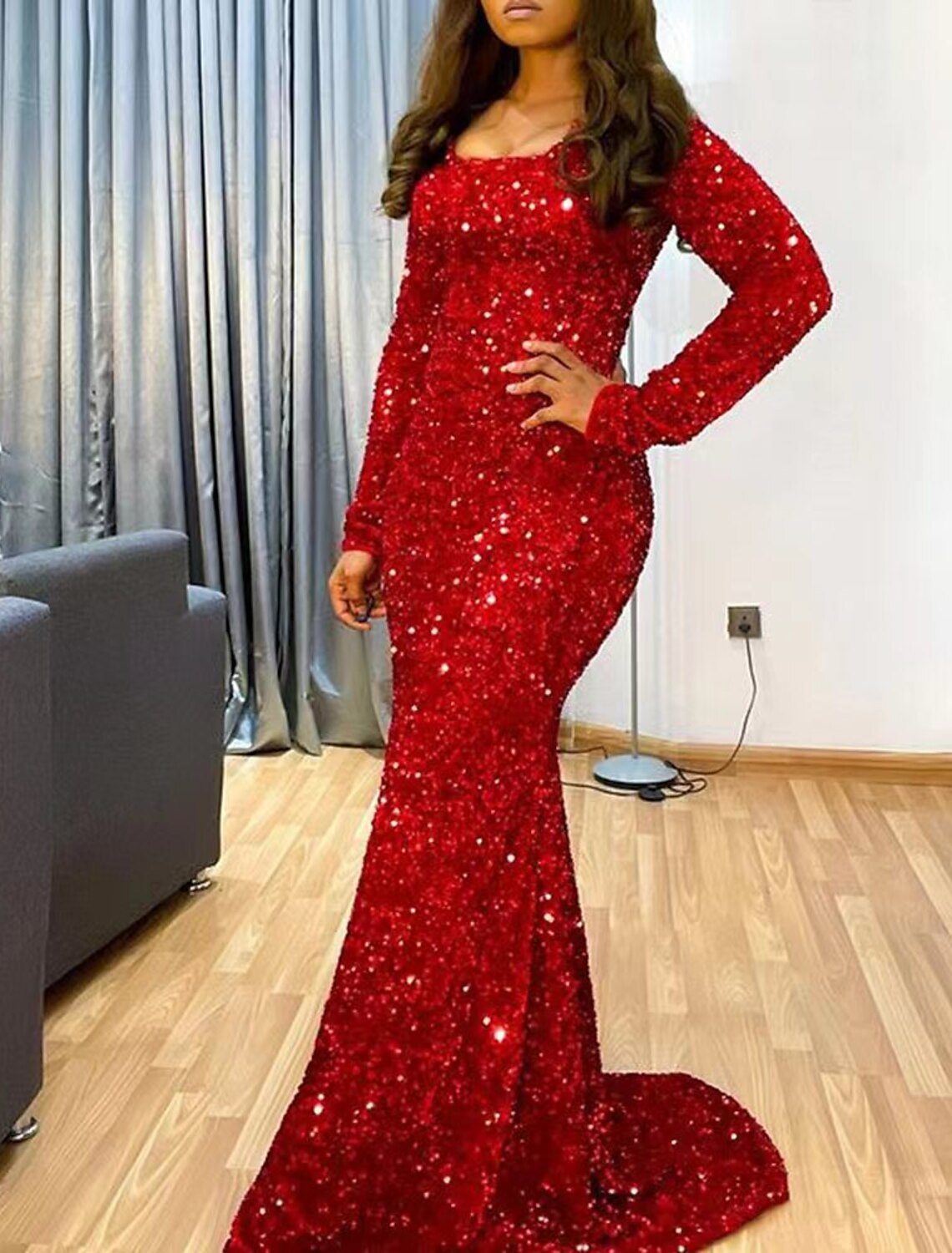 Mermaid Evening Gown Sparkle Red Green Dress Dress Formal Wedding Guest Sweep / Brush Train Long Sleeve Scoop Neck Sequined with Sequin