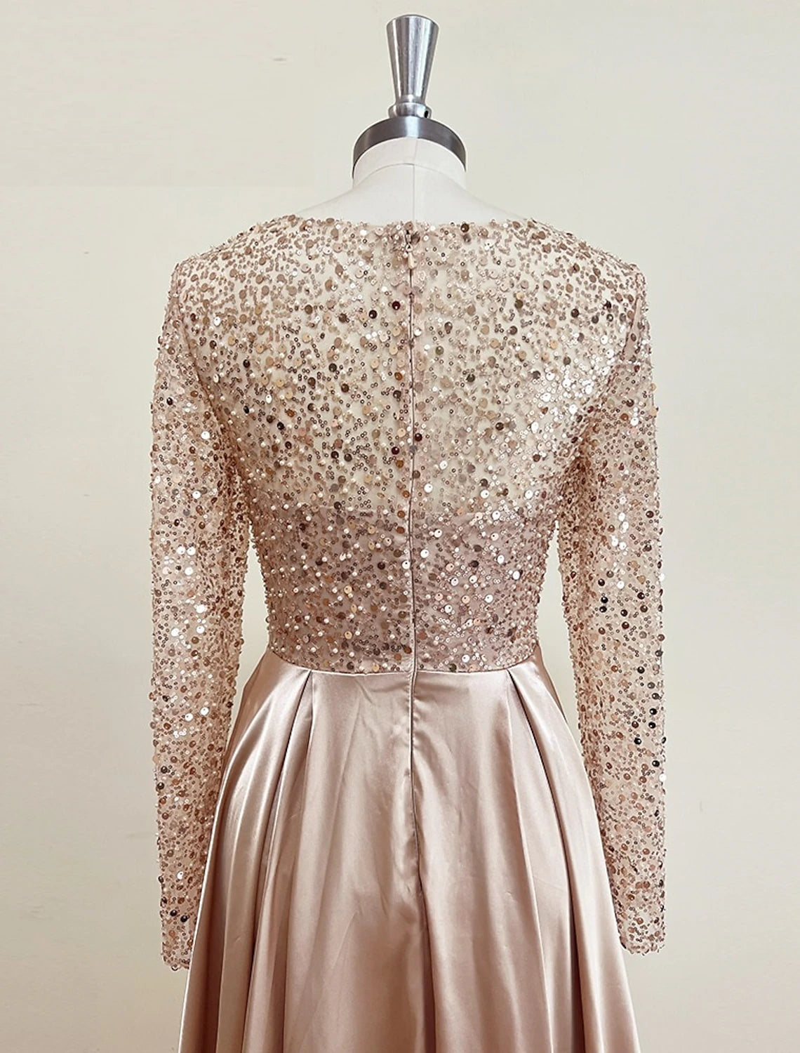 Ivory Satin Sheath/Column Gown with Illusion Sequin Sleeves