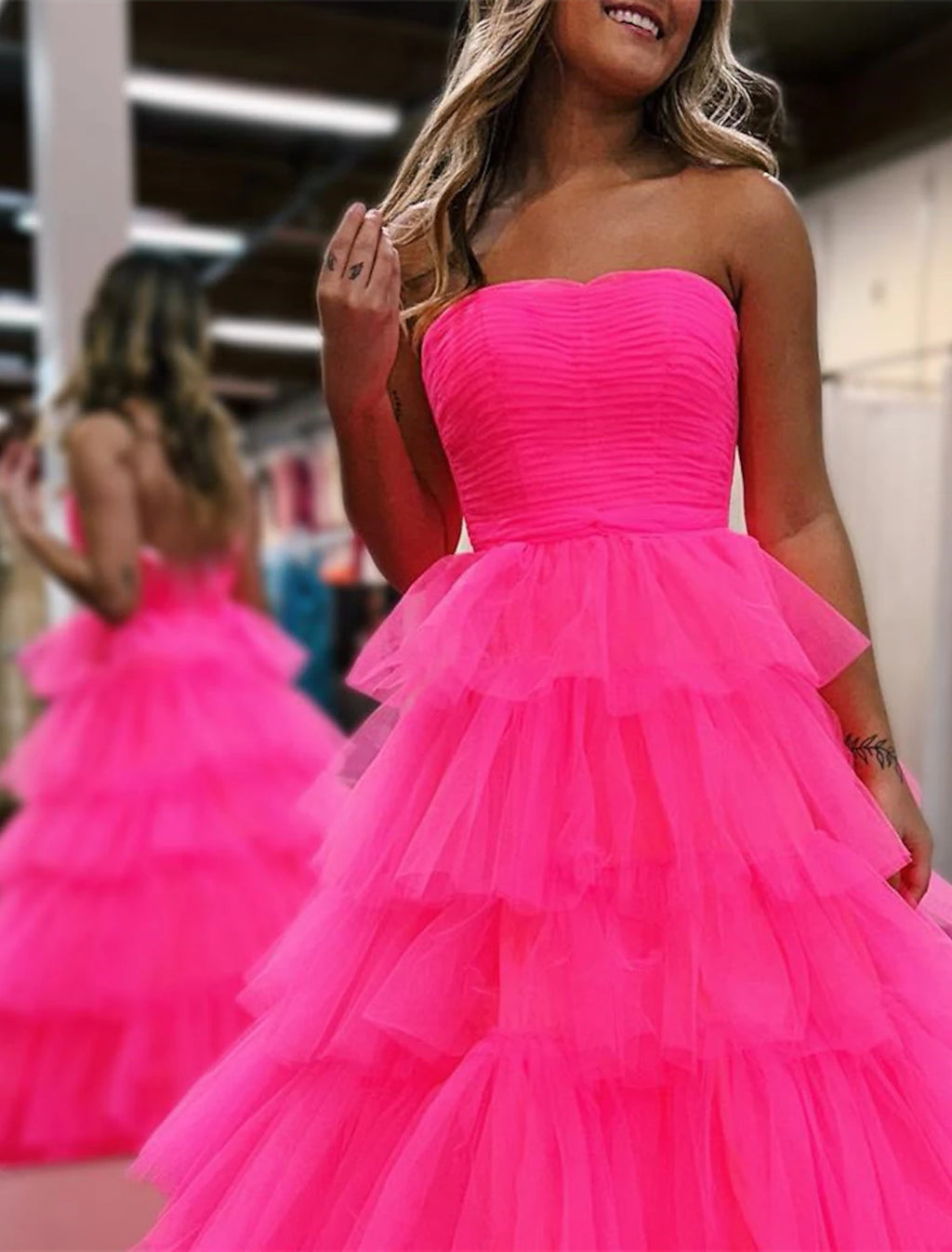 Pink Tulle Sweetheart Ball Gown Floor-Length Dress with Tiered Skirt