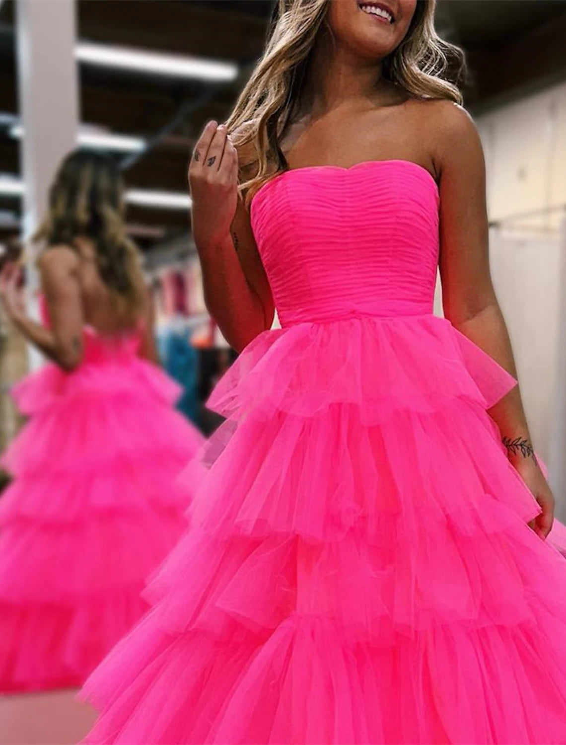 Pink Tulle Sweetheart Ball Gown Floor-Length Dress with Tiered Skirt