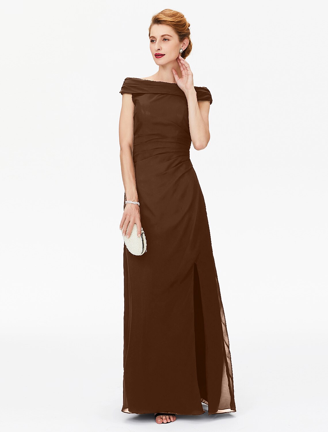 Vestido de madre de la novia con corte tubo/columna, hombros descubiertos, largo hasta el suelo, gasa, manga corta, sin mangas, con pliegues y abertura frontal