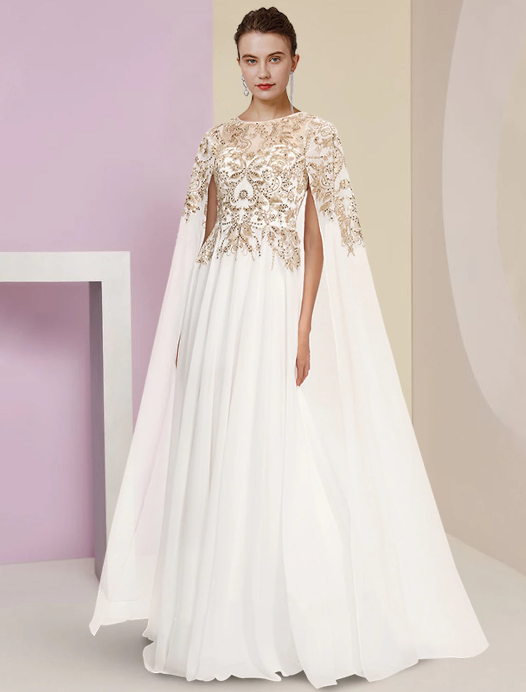 Ivory Chiffon A-Line Floor-Length Dress with Illusion Neck and Embroidered Bodice + Flowy Cape for Black-Tie & Wedding Guest