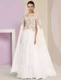 Ivory Chiffon A-Line Floor-Length Dress with Illusion Neck and Embroidered Bodice + Flowy Cape for Black-Tie & Wedding Guest