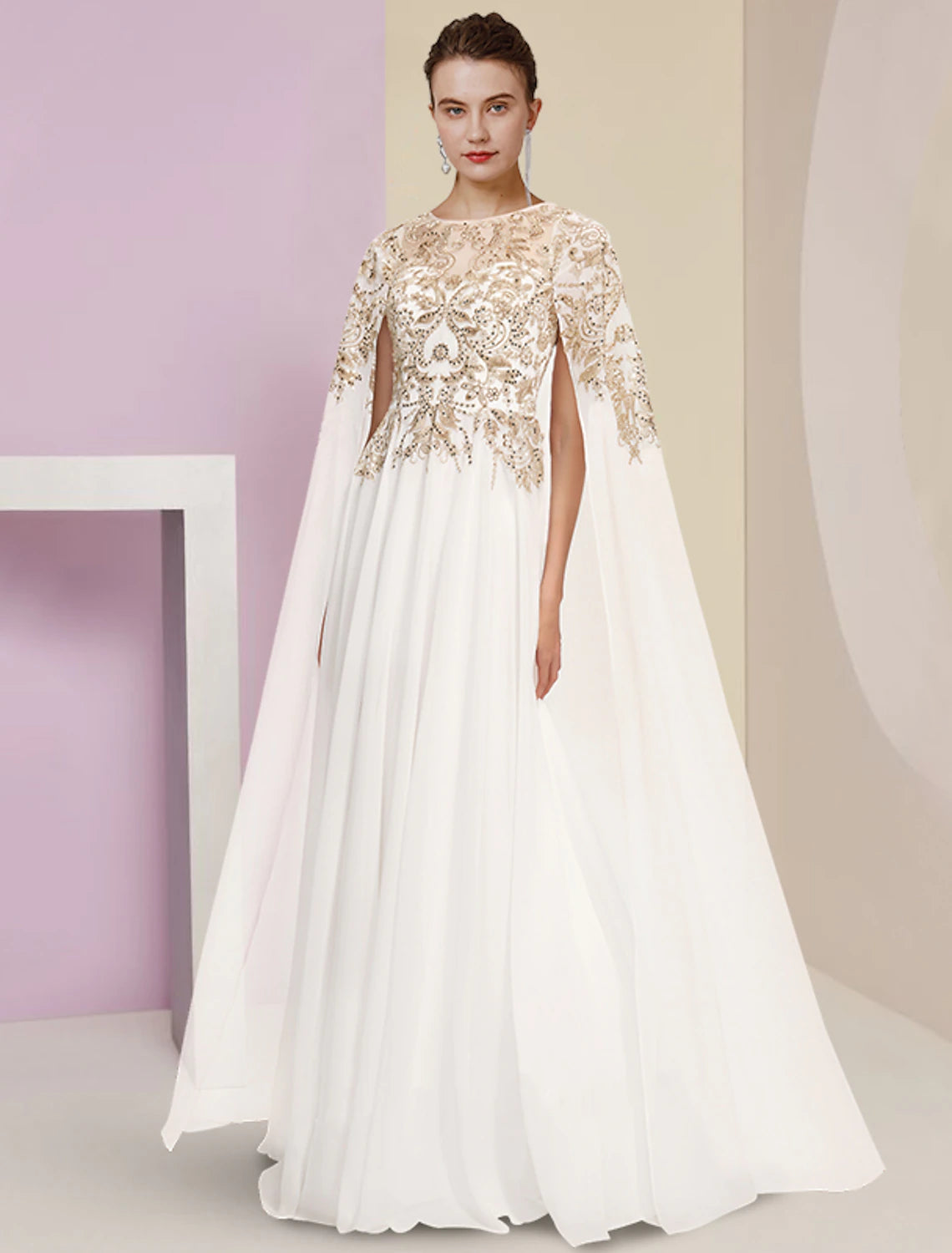 Ivory Chiffon A-Line Floor-Length Dress with Illusion Neck and Embroidered Bodice + Flowy Cape for Black-Tie & Wedding Guest