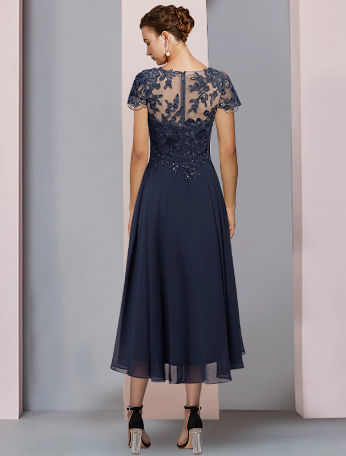 Dark Navy Chiffon A-Line High-Low Dress with Lace Bodice