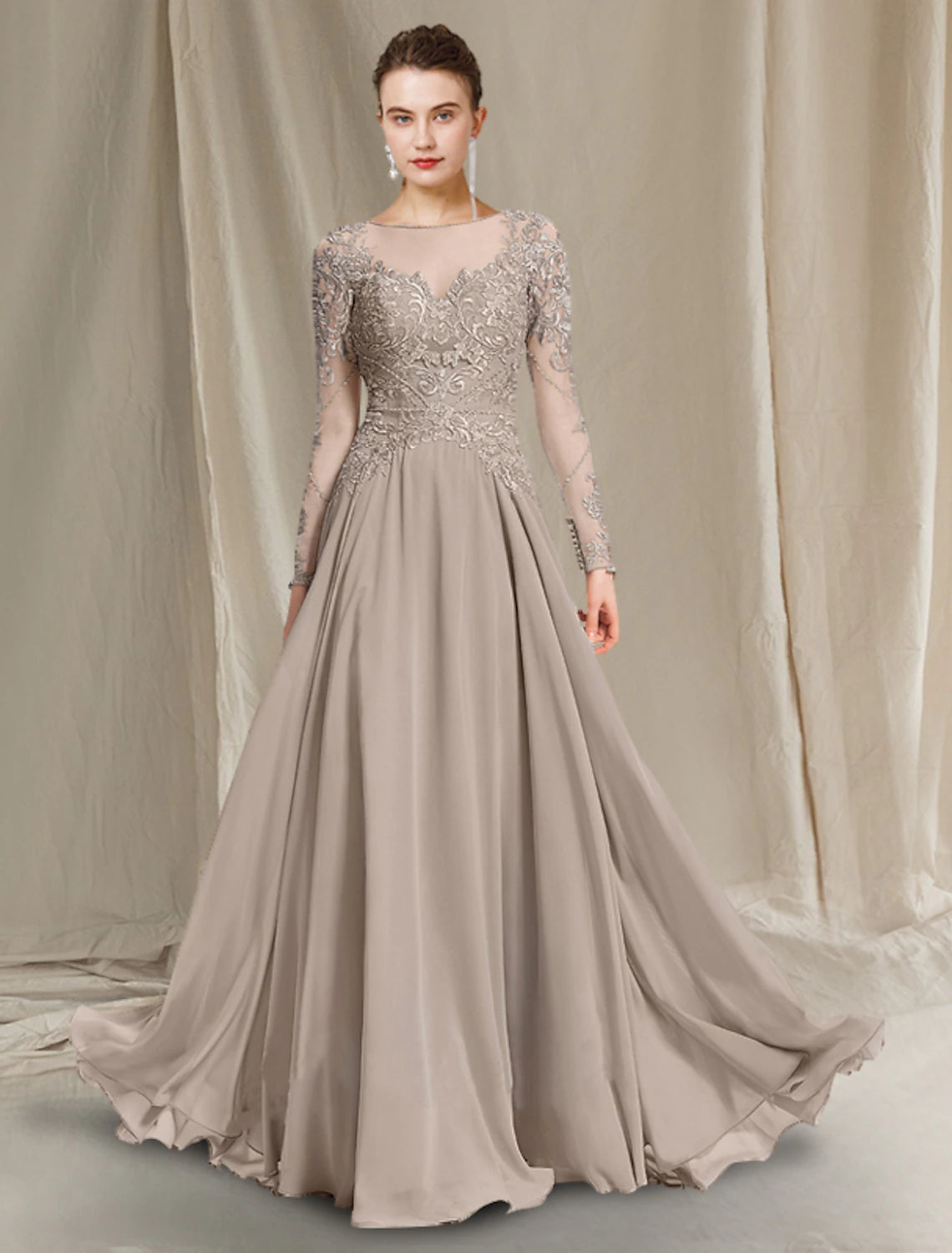 Abito da madre della sposa a trapezio, elegante e lussuoso, con scollo gioiello, lunghezza pavimento, in chiffon, pizzo, maniche lunghe con applicazioni a pieghe