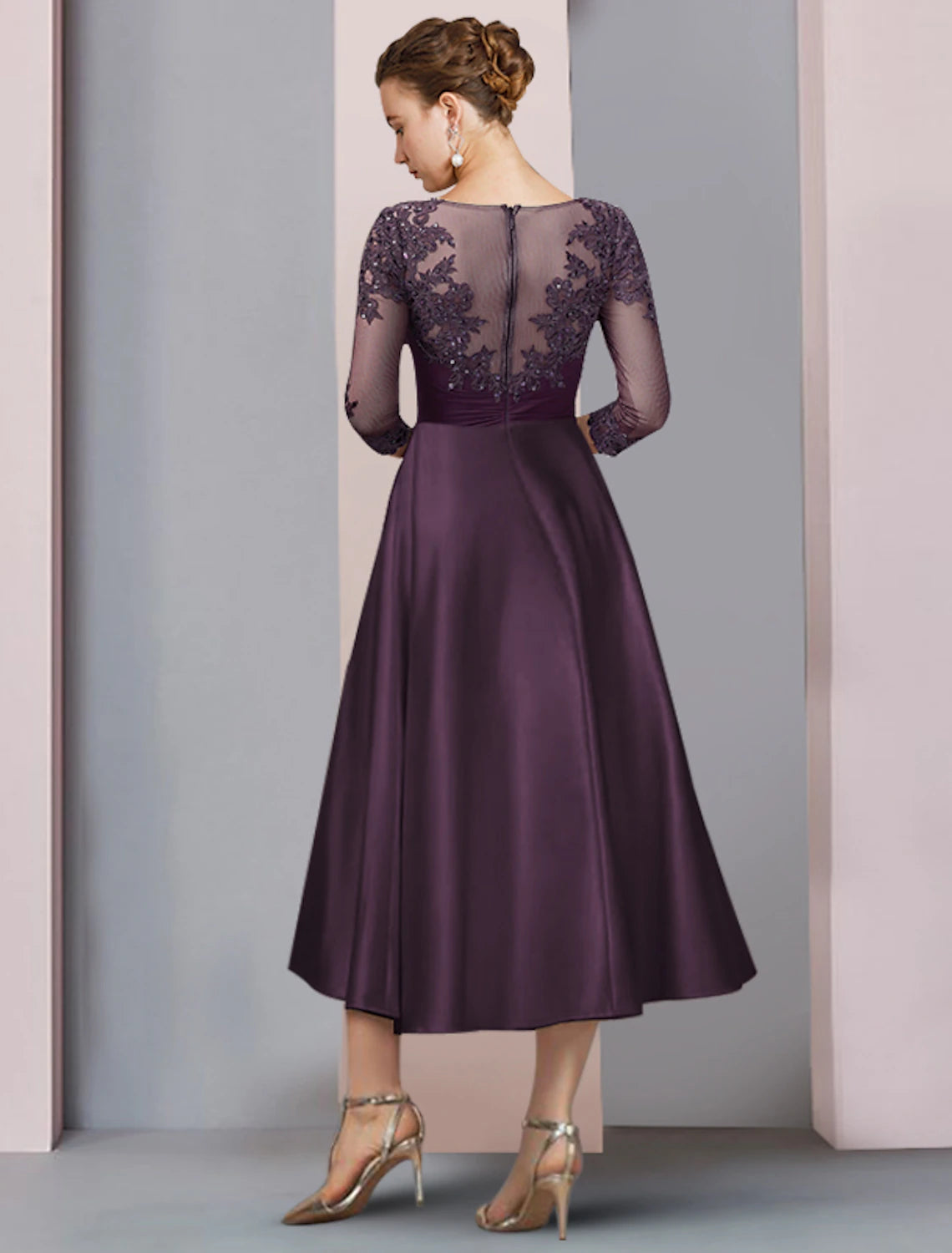 Abito da cerimonia per la madre della sposa, a trapezio, elegante, con scollo a barchetta, lunghezza tè, in raso, pizzo, mezza manica, con applicazioni di paillettes