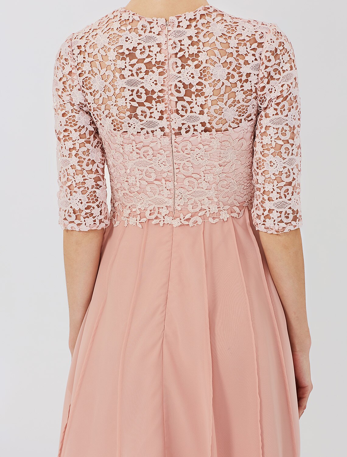 Vestido de baile para madre de la novia, formal, clásico y atemporal, elegante y lujoso, convertible, cuello ilusión, largo hasta la rodilla, gasa, encaje floral, manga 3/4 con broche de cristal