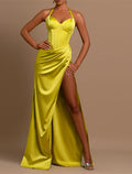 Lemon Satin Sheath/column Floor-Length Dress with Corset Bodice and High Slit