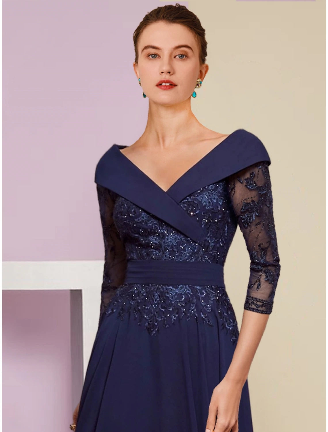 Abito da cerimonia per la madre della sposa, a trapezio, elegante, con scollo a V, lunghezza alla caviglia, in chiffon, maniche a 3/4, con pieghe in pizzo e paillettes