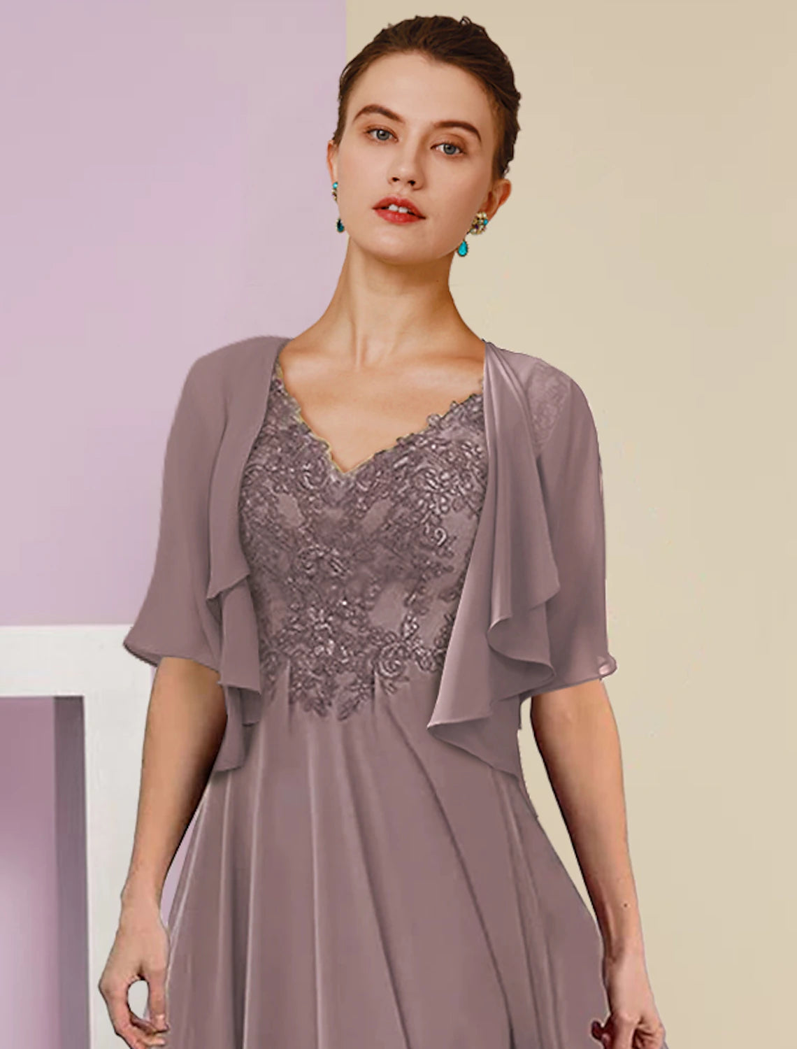 Mauve Chiffon A-Line Midi Dress with Embroidered V-Neck & Flutter Sleeves