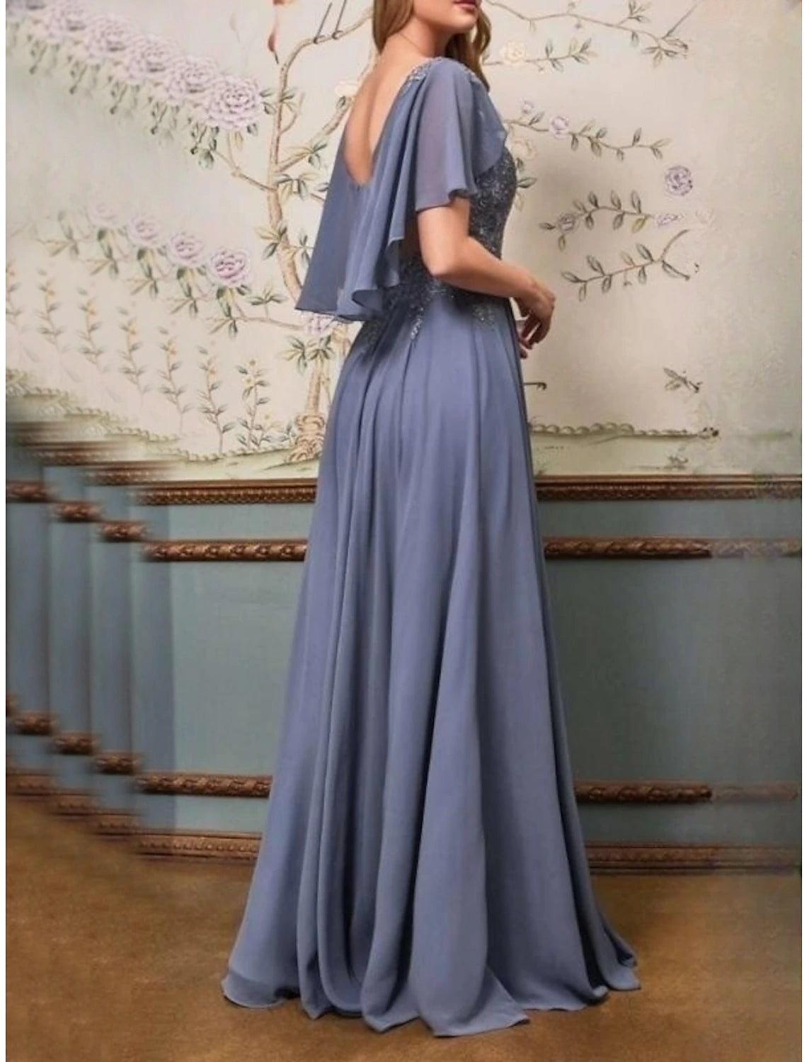 Slate Blue Chiffon A-Line Floor-Length Evening Dress with Illusion Neck