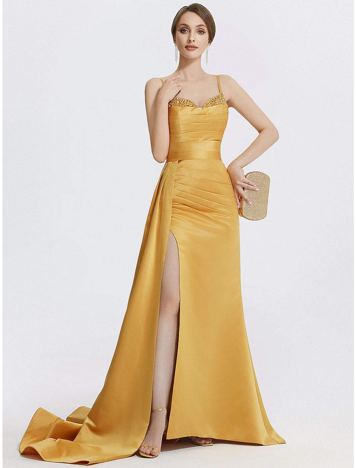 Abito da sera a trapezio, scintillante, da sposa, da ballo, con strascico a ruota, senza maniche, con spalline sottili, in raso con strass e arricciato