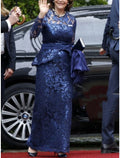 Vestido de Madre de la Novia con Corte Vaina/Columna para Invitadas de Boda, Elegante, Fiesta, Brillo y Resplandor, Cuello Joya, Largo hasta el Tobillo, Lentejuelas, Manga Larga con Volantes de Encaje