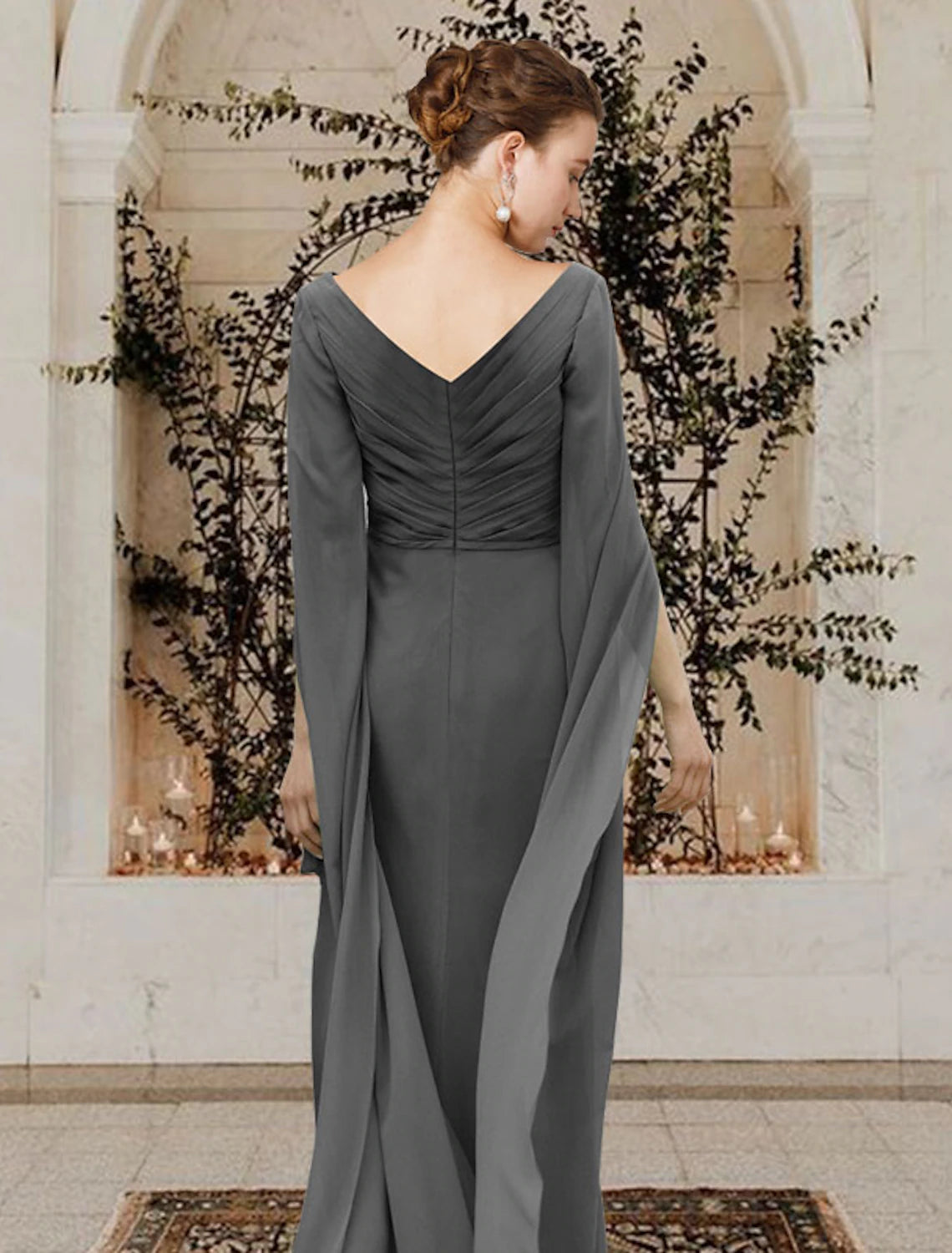 Grey Chiffon A-Line V-Neck Floor-Length Dress with Ruched Bodice & Split Sleeves