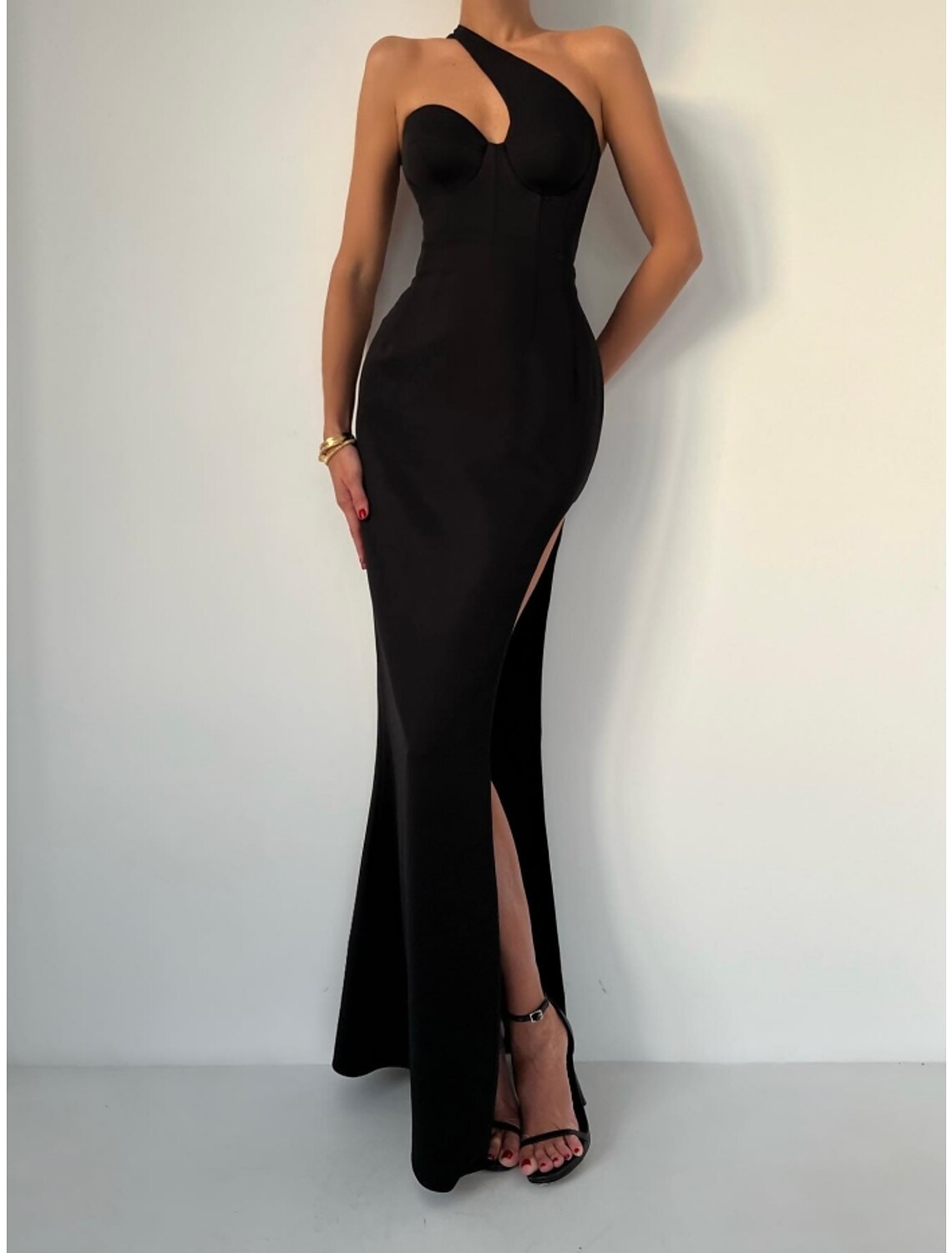 Black Crepe One Shoulder High-Low Sheath Dress
