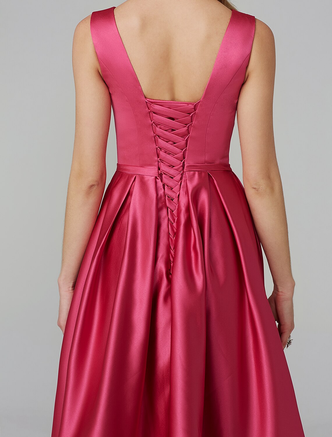 Abito elegante a trapezio, per invitati a matrimoni, cocktail party, lunghezza al ginocchio, senza maniche, con ferretto a V, abito rosa in raso con fascia/nastro