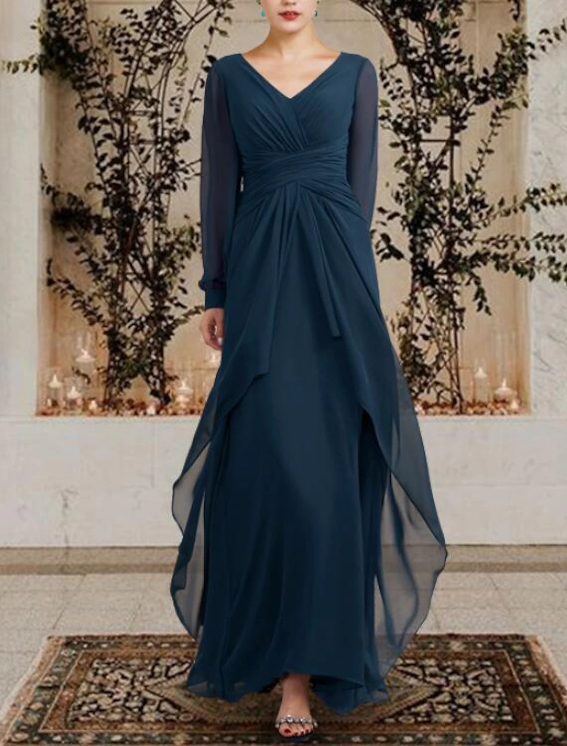 Dark Navy Chiffon A-Line V-Neck Floor-Length Bridesmaid Dress with Sheer Long Sleeves