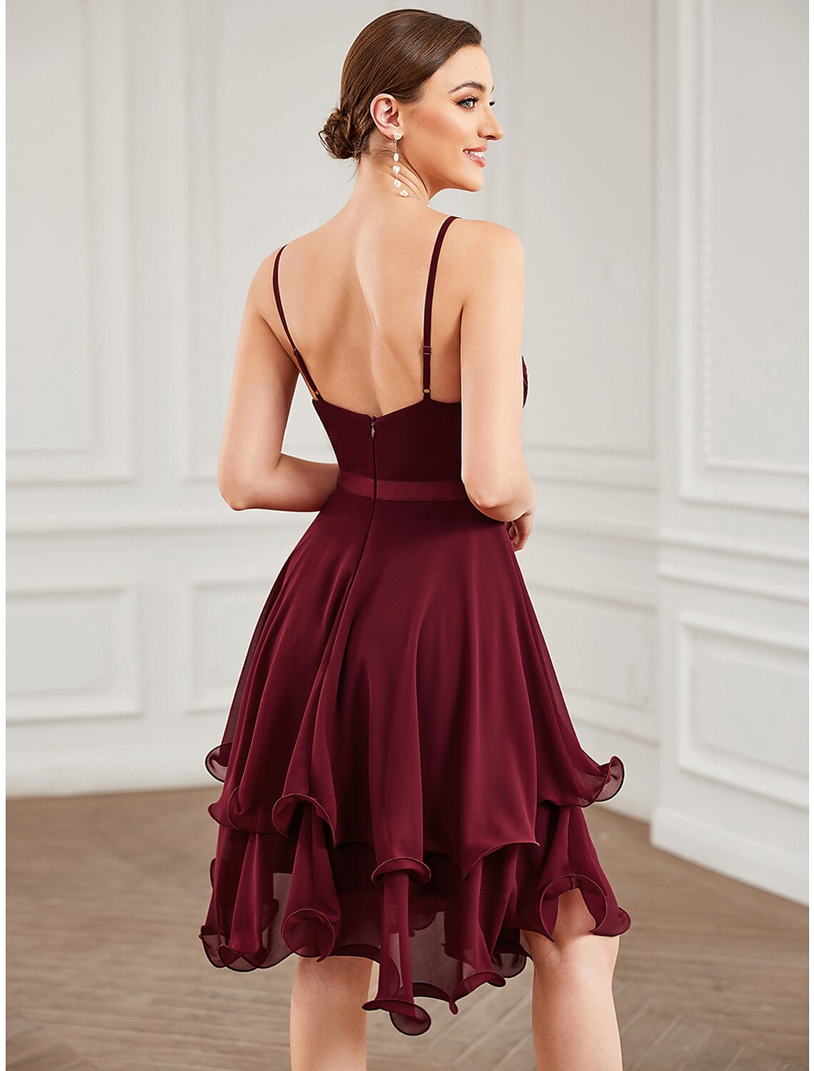 Burgundy Chiffon Sweetheart A-Line Short Dress with Ruffled Skirt