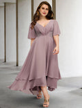 Abiti da sposa a trapezio per la madre della sposa, taglie forti, eleganti, con scollo a V, asimmetrici, maniche corte, in chiffon con applicazioni di volant