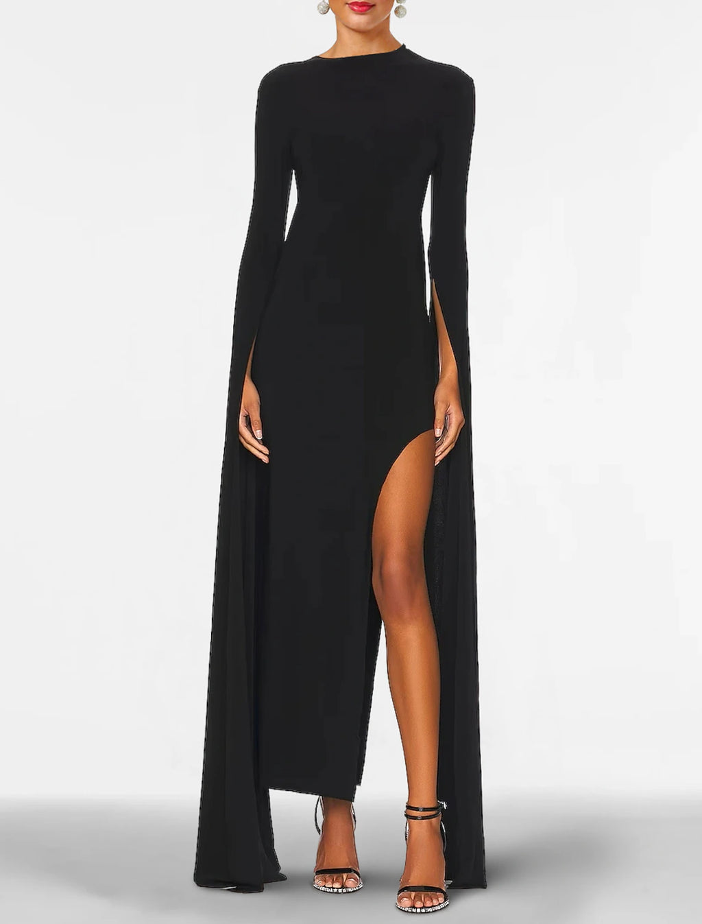 Black Crepe High Neck Sheath/column Floor-Length Dress with Cape Sleeves