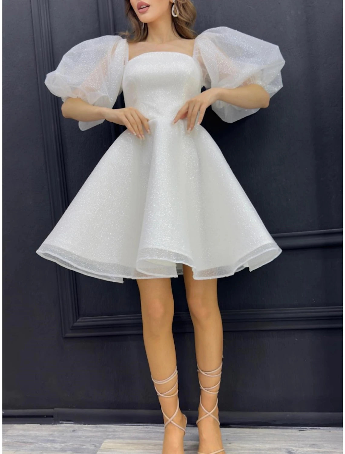 Abiti da ballo a trapezio, abito scintillante, corto/mini, mezza manica, scollo quadrato, paillettes con pieghe glitterate