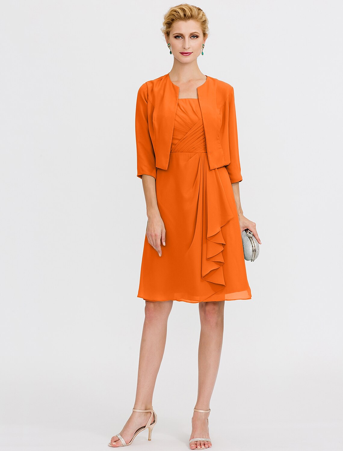 Abito da sposa a trapezio, elegante, corto/mini, in chiffon, senza maniche, con pieghe e perline, due pezzi, formale