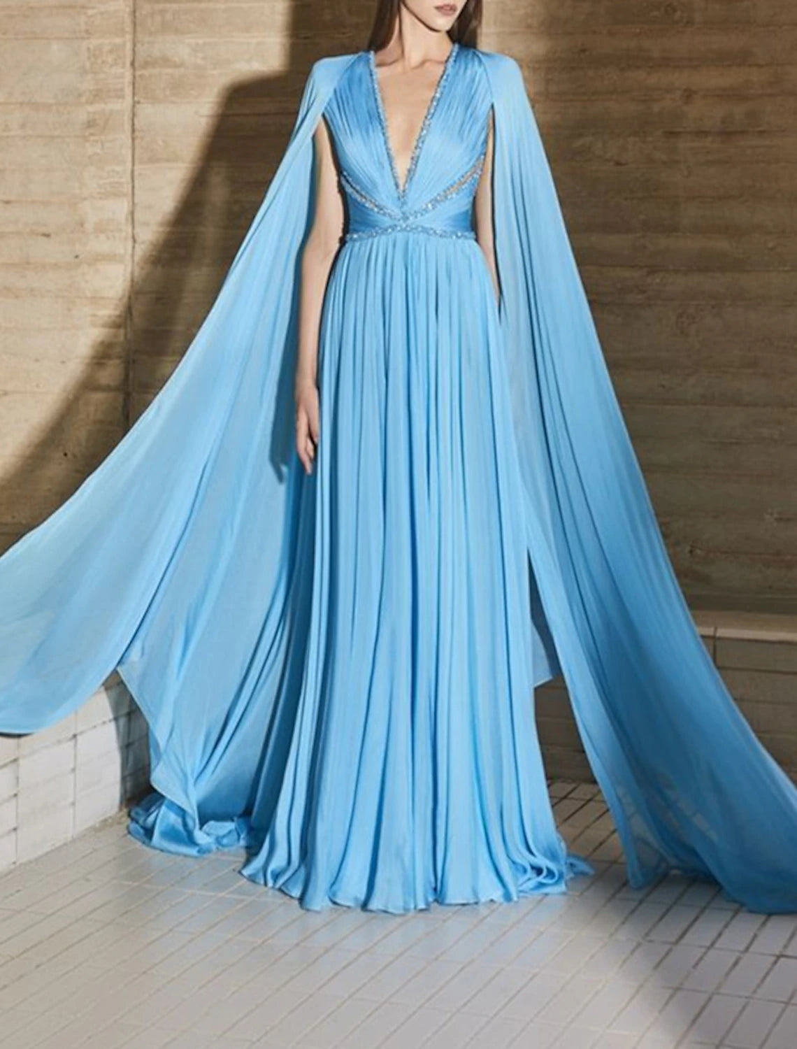 Sky Blue Chiffon A-Line Floor-Length Evening Dress with Beaded V-Neck