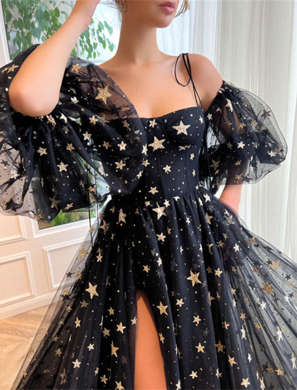 Vestidos de fiesta de corte A, brillantes y con brillo, para bodas, fiestas, cumpleaños, con cola larga/cortada, media manga, hombros descubiertos, tul con abertura con lentejuelas