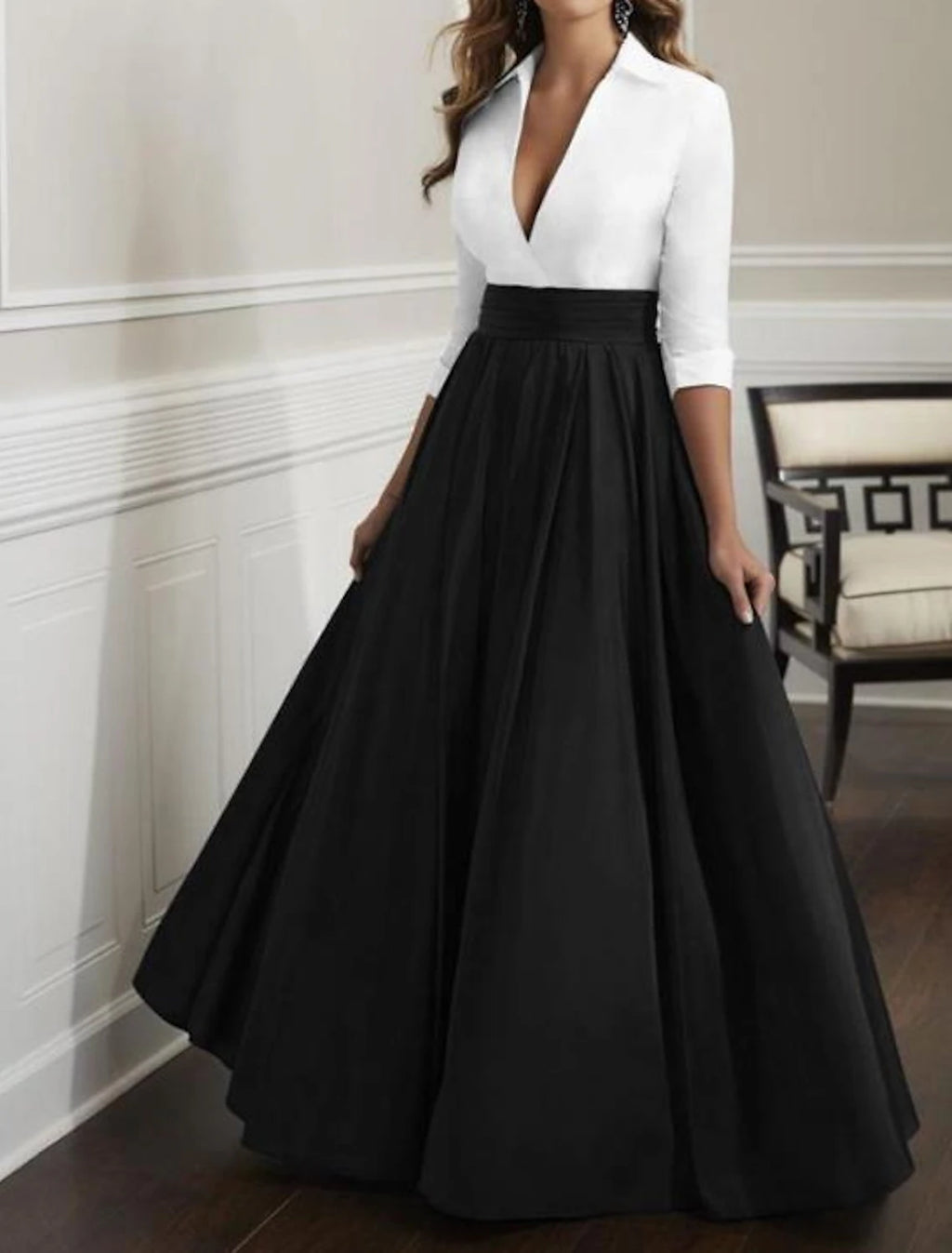 Vestido de Madre de la Novia de Corte A para Invitadas de Boda Elegante y Lujoso Escote Profundo Largo hasta el Suelo Satén Media Manga con Fruncido