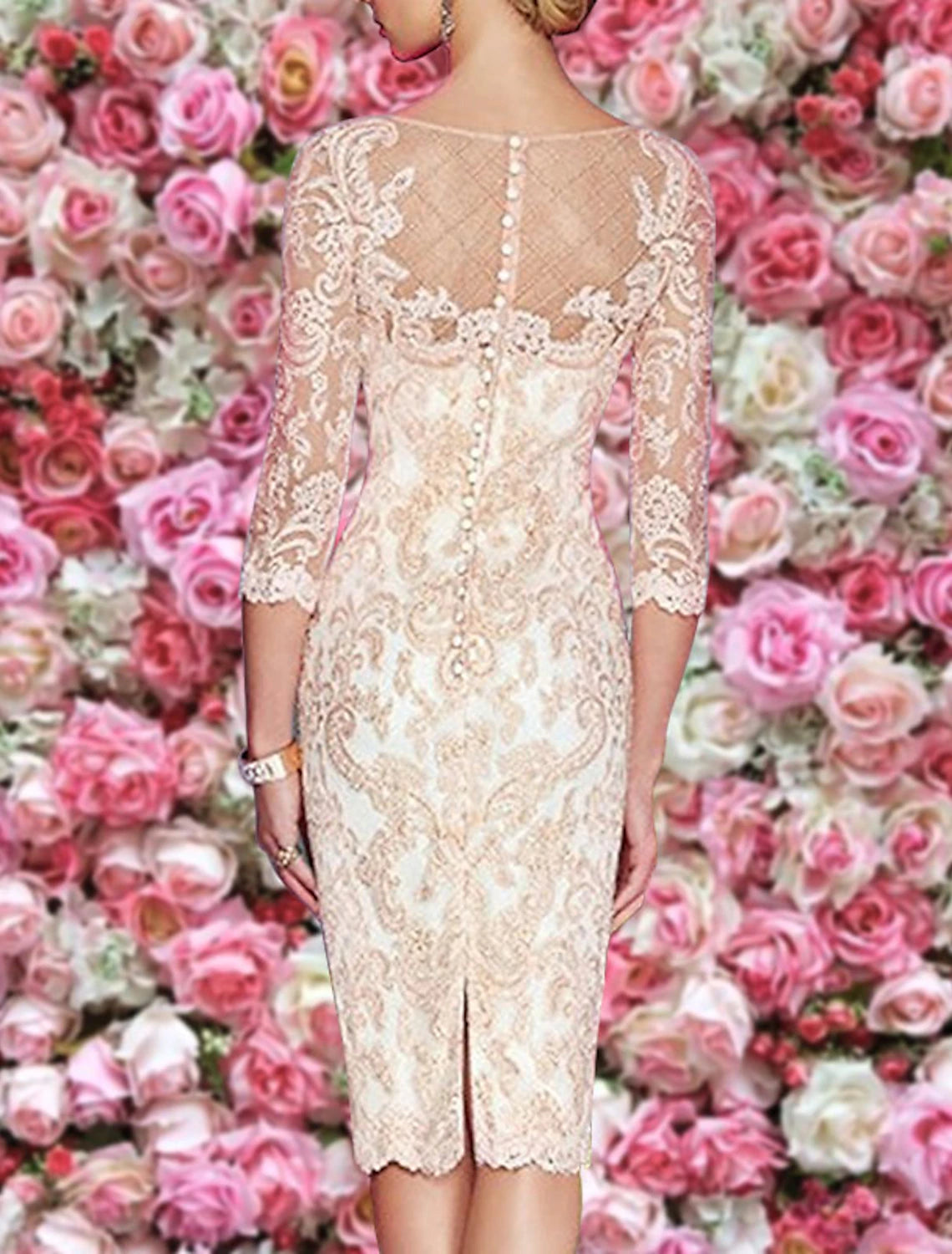 Abito da cerimonia per la madre della sposa, a tubino, taglie forti, sexy, trasparente, con scollo a barca, lunghezza al ginocchio, in pizzo, maniche a 3/4 con applicazioni a pieghe