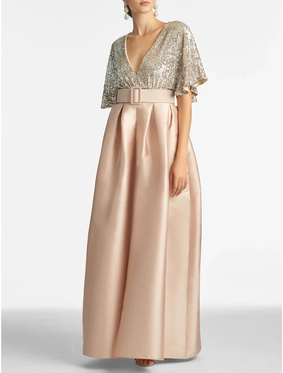 Abito da sera a trapezio, abito da festa, abito scintillante e brillante, abito formale da invitato a nozze, lunghezza alla caviglia, mezza manica, scollo a V, abito autunnale da invitato a nozze, paillettes con spalline in paillettes