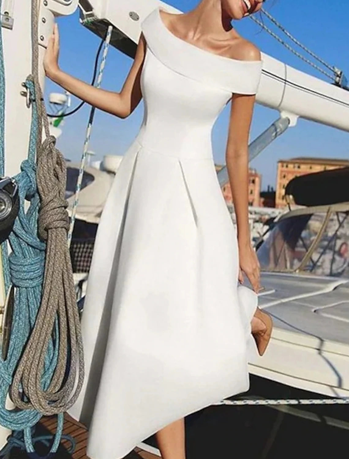 Abiti da sposa a trapezio, eleganti, per feste di nozze, compleanni, lunghezza tè, maniche corte, spalle scoperte, in raso, colore puro