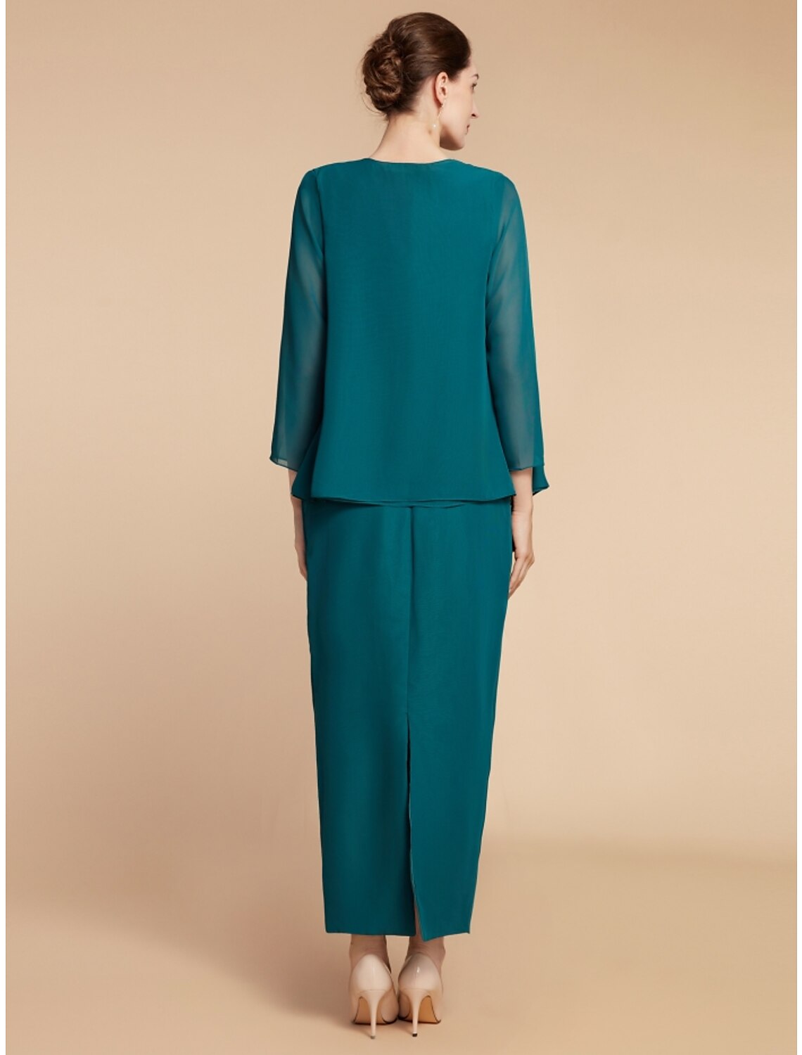 Vestido de Madre de la Novia con Corte en A/Columna, Elegante, Sencillo, con Cuello Joya, Largo hasta el Tobillo, de Gasa, Manga Larga, con Abertura Delantera, Fruncido, Color Sólido