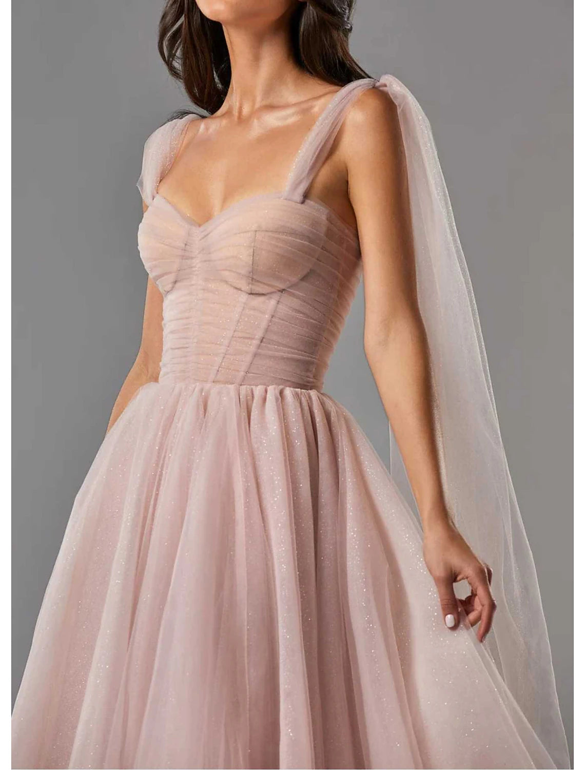 Vestidos de cóctel con corsé, para graduación, cumpleaños, hasta la rodilla, sin mangas, cuello cuadrado, tul con purpurina