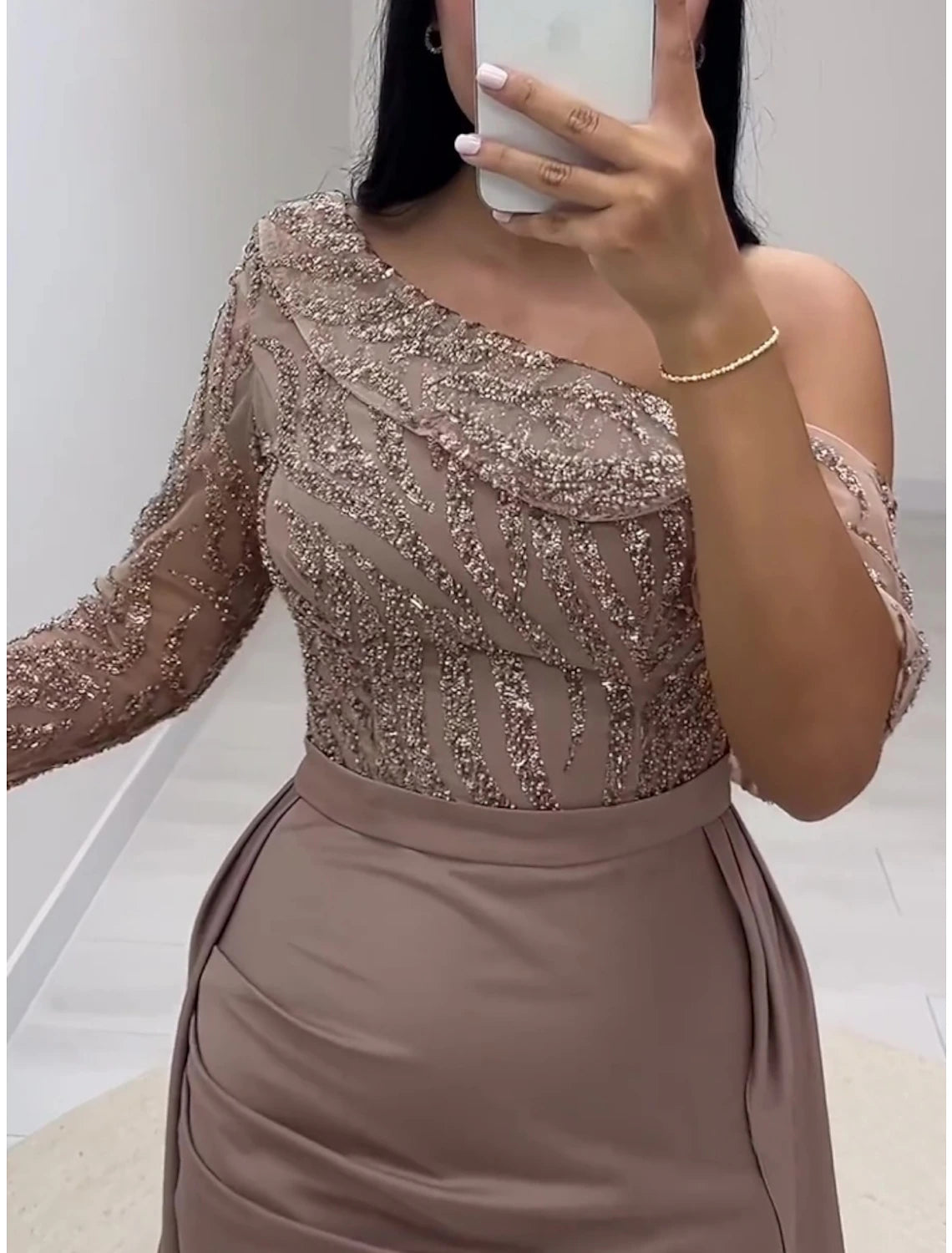 Sheath / Column Evening Gown Party Dress Formal Court Train Long Sleeve One Shoulder Sequined with Glitter Ruched