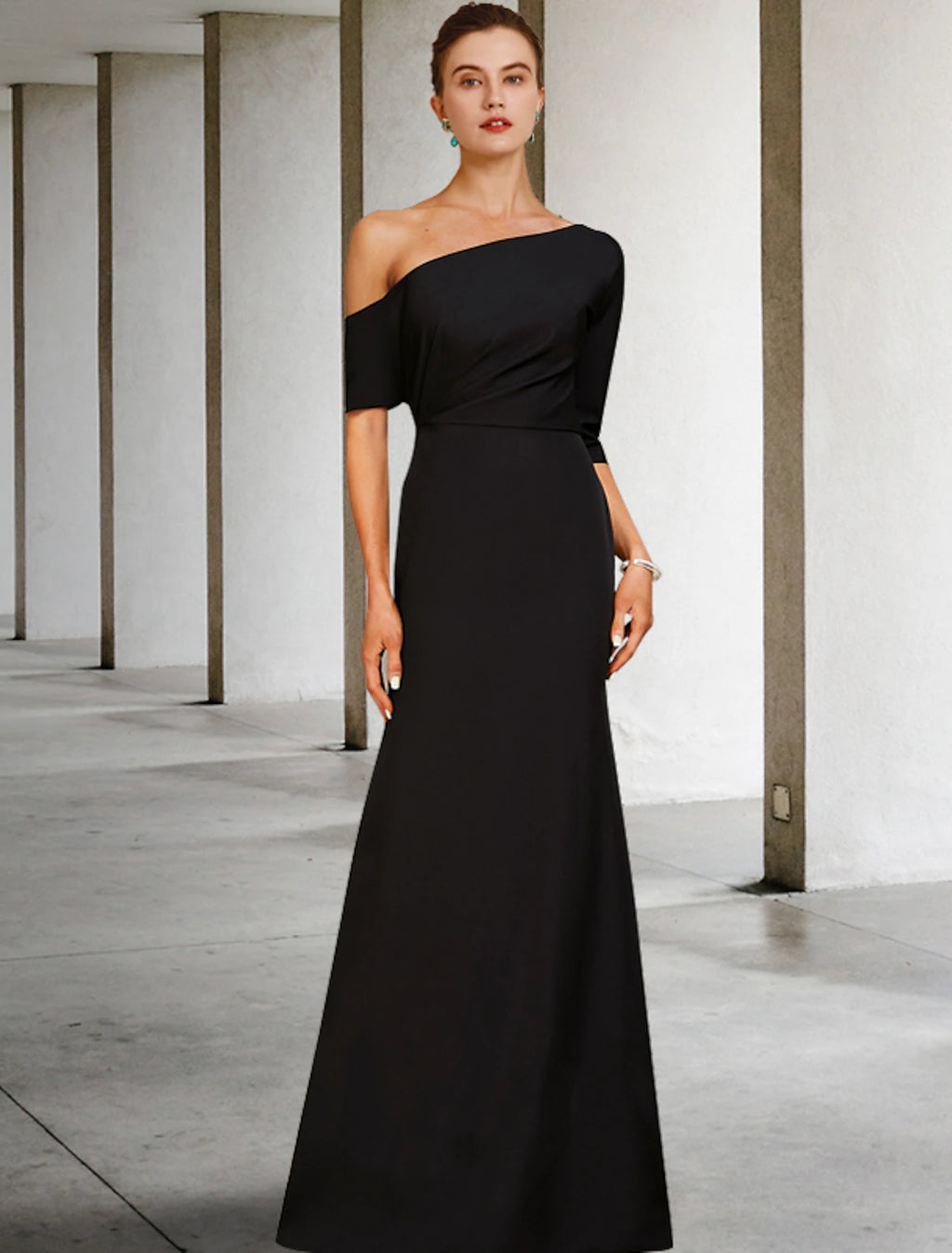 Black Crepe A-Line Floor-Length One Shoulder Draped Evening Dress