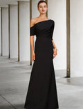 Black Crepe A-Line Floor-Length One Shoulder Draped Evening Dress