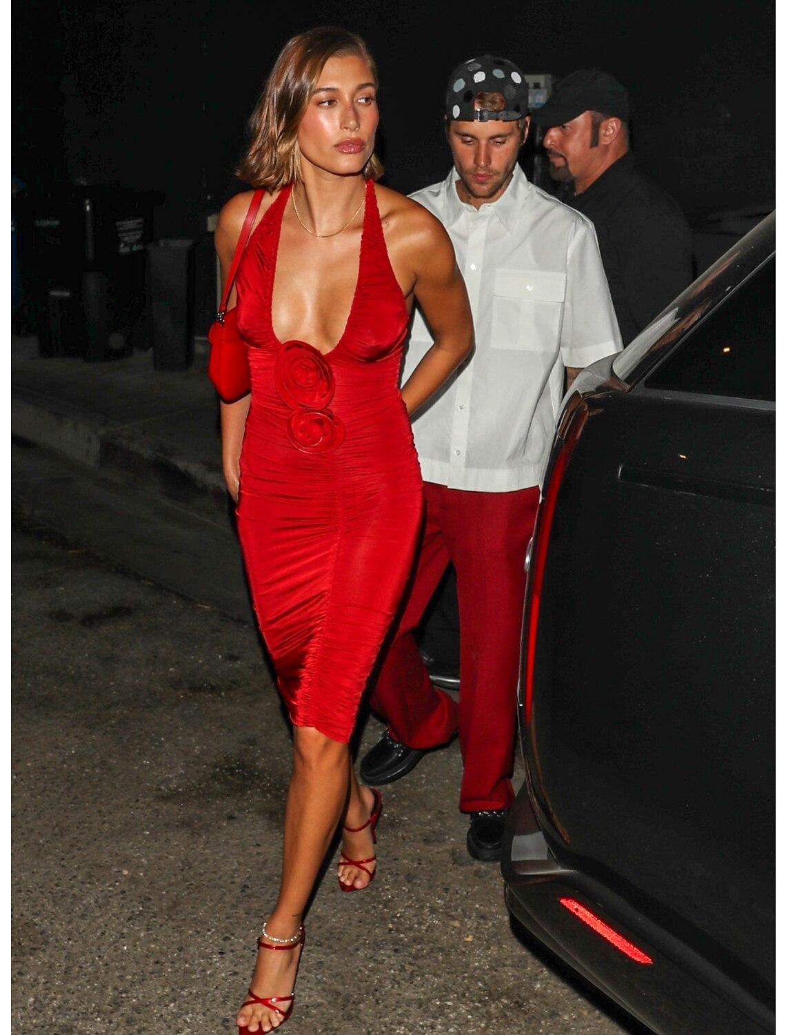 Red Stretch Knit Sheath/Column Short Halter Neck Ruched Rosette Evening Dress