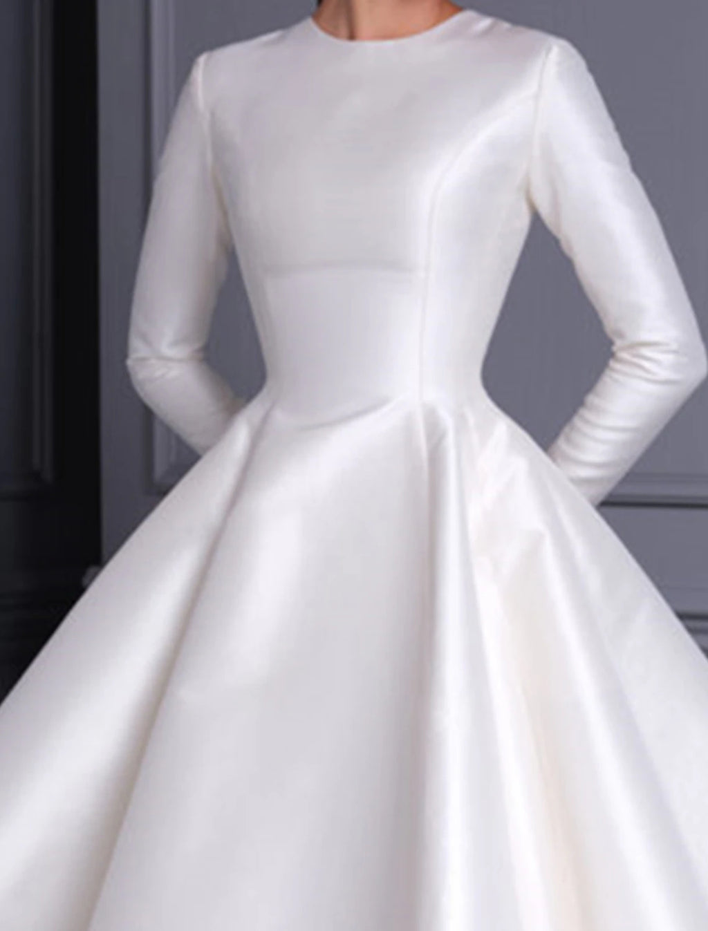 Ivory Satin Long Sleeve Boat Neck A-Line Tea-Length Dress