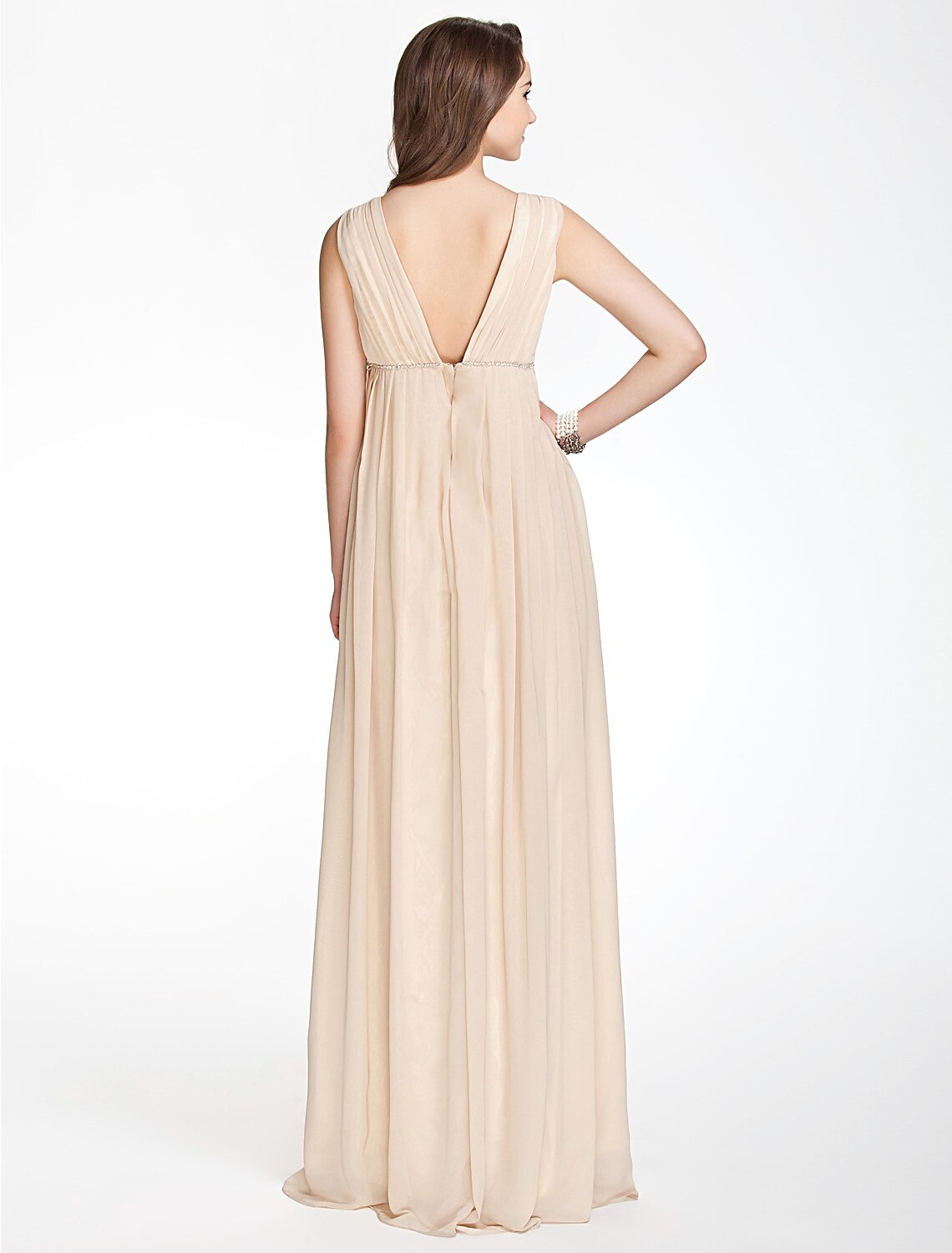 Champagne Chiffon A-Line Bridesmaid Dress with V-Neck and Beaded Waist