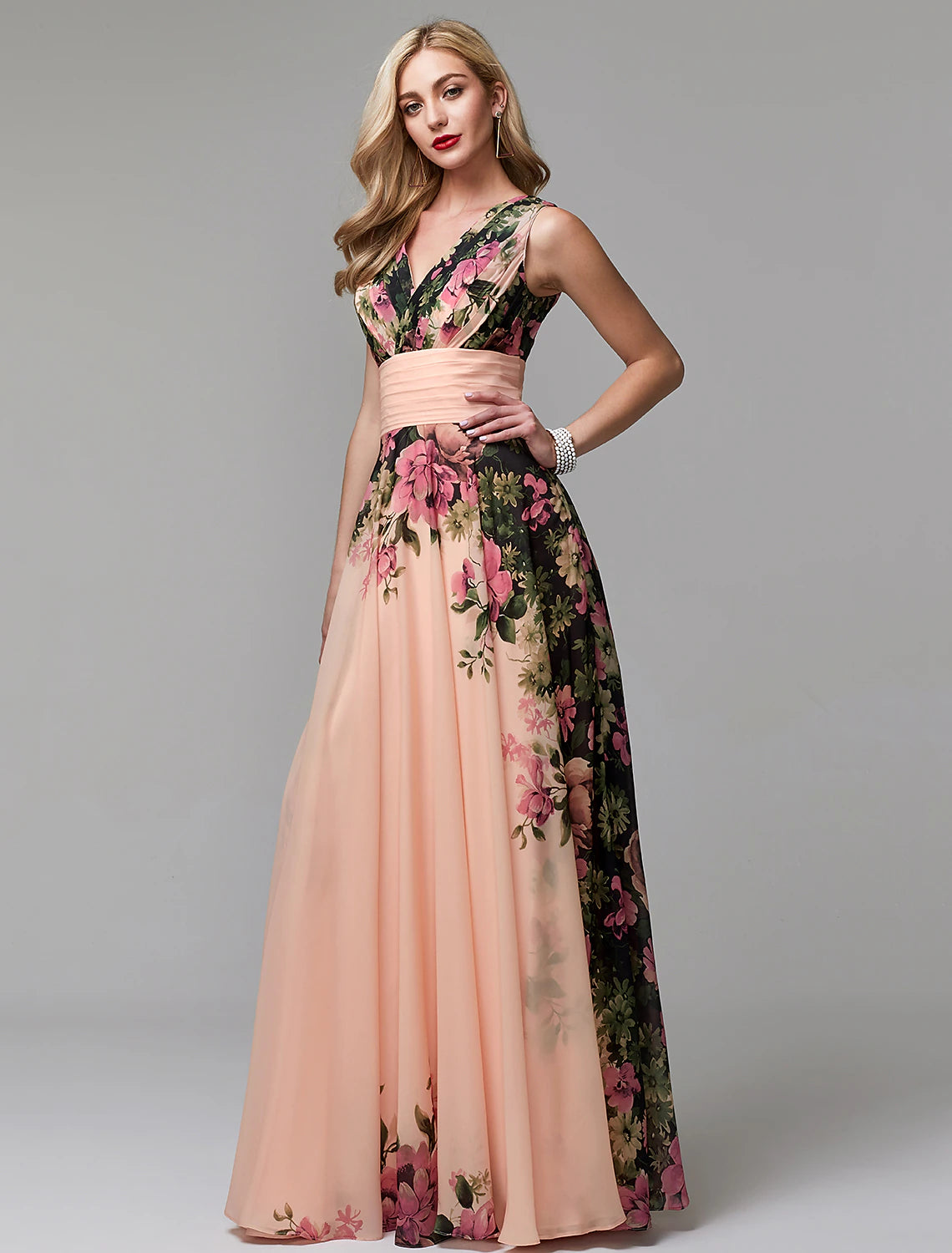 Blushing Pink Floral Chiffon A-Line V-Neck Floor-Length Bridesmaid Dress | Wedding Guest, Prom & Formal Gown