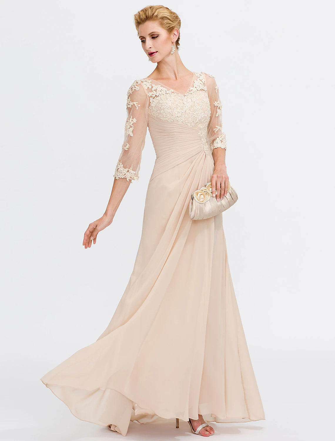 Abito da cerimonia per la madre della sposa a trapezio, abiti da cerimonia autunnali, taglie forti, elegante, trasparente, scollo a V, lunghezza pavimento, in chiffon, mezza manica, con applicazioni e drappeggio laterale