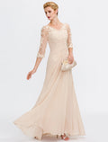 Blushing Pink Chiffon A-Line V-Neck Floor-Length Evening Dress with Lace Appliques