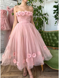 Pink Tulle A-Line Tea-Length Bridesmaid Dress with 3D Floral Appliques
