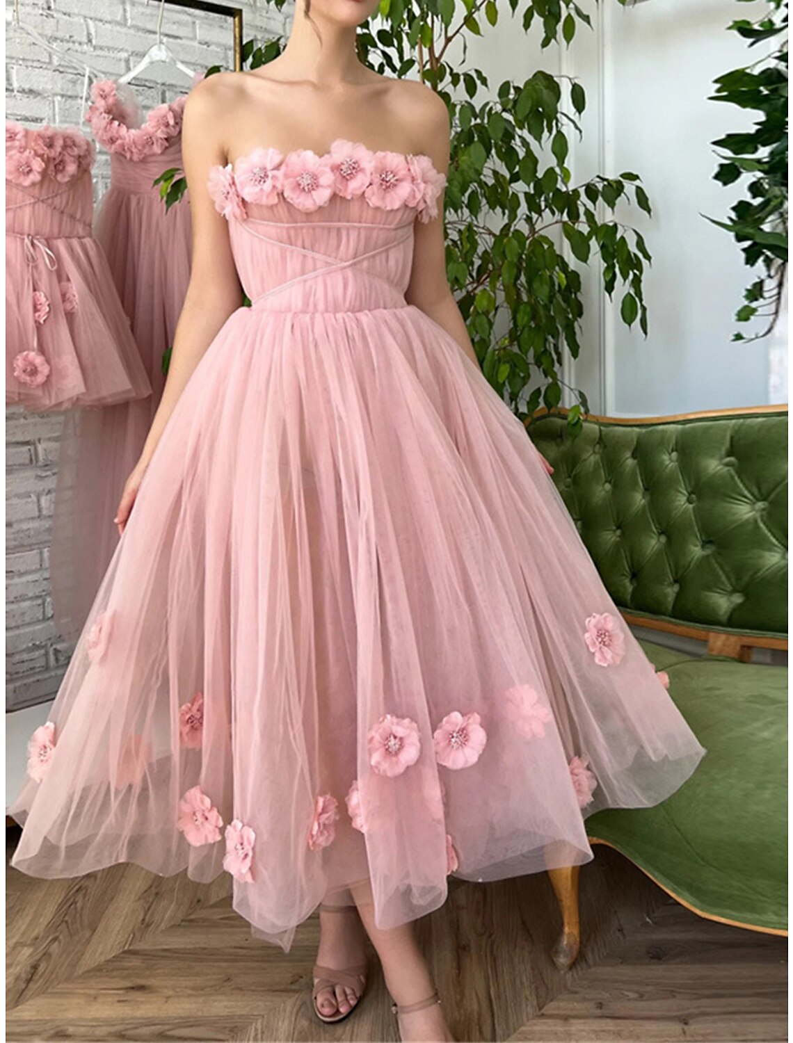 Pink Tulle A-Line Tea-Length Bridesmaid Dress with 3D Floral Appliques