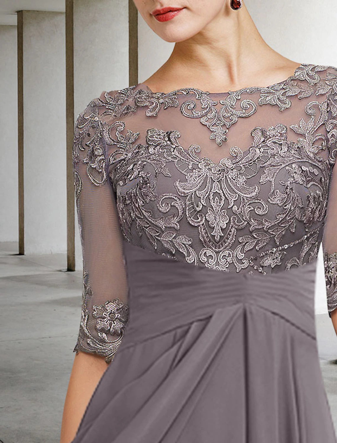 Stormy Chiffon & Lace A-Line Asymmetrical Boat Neck Dress with Draped High-Low Skirt