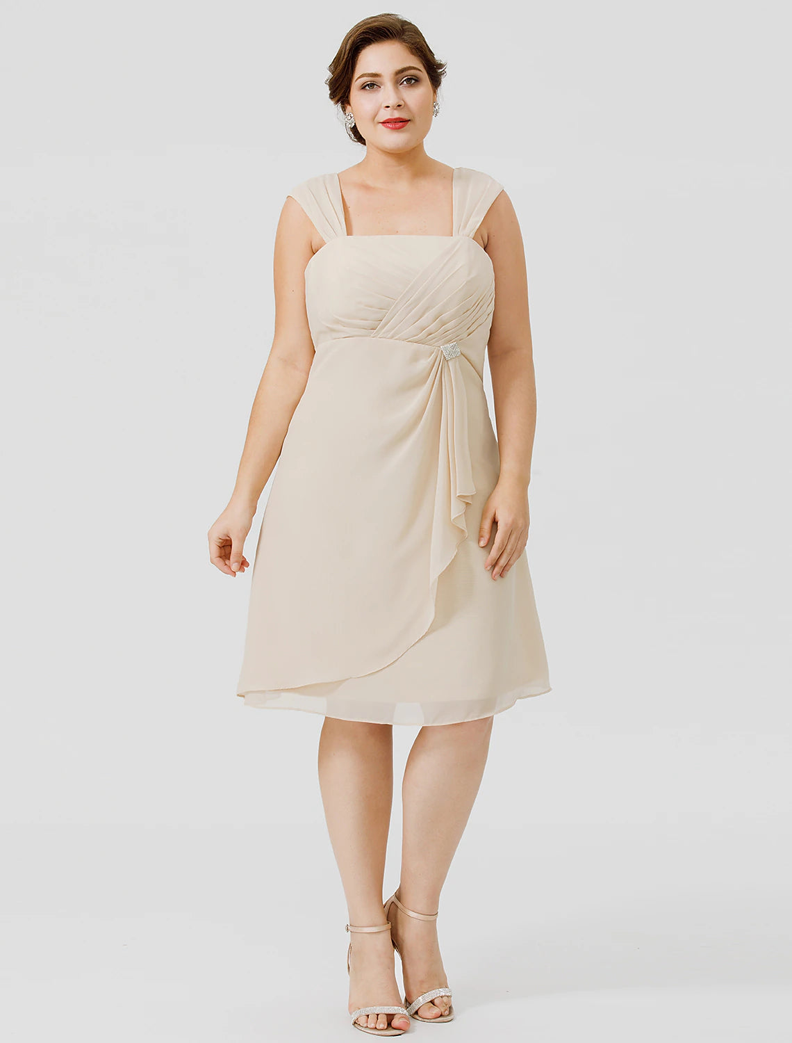 Vestido de madre de la novia de talla grande, elegante, con tirantes, largo hasta la rodilla, de gasa, con encaje transparente, sin mangas, con entrecruzamiento