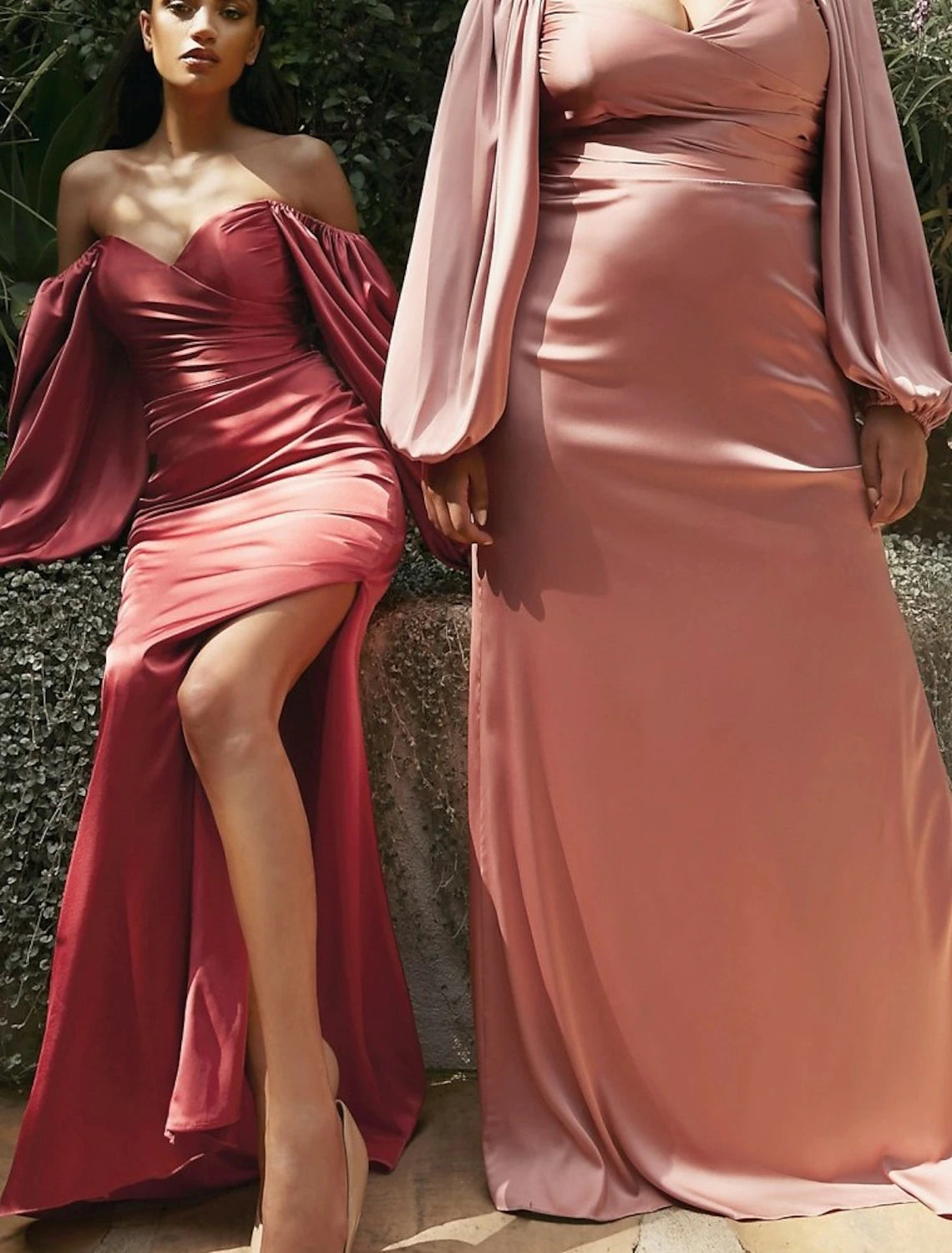Dusty Rose Satin Sheath/column Floor-Length Dress with Off-the-Shoulder Puffed Sleeves